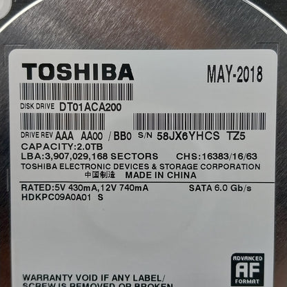 Toshiba 3.5" DT01ACA200 2TB SATA HDD HDKPC09A0A01 S Hard Disk Drive