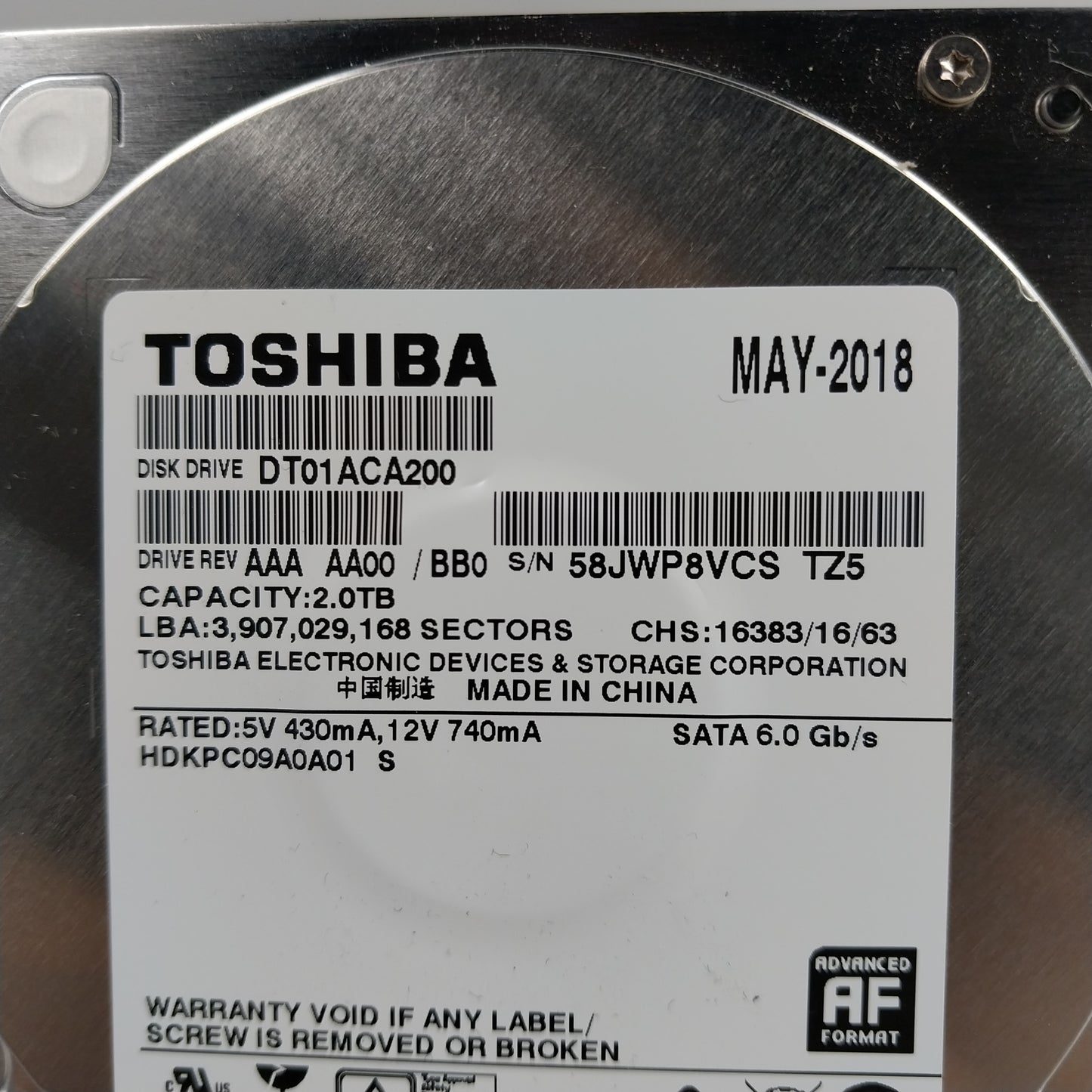 Toshiba 3.5" DT01ACA200 2TB SATA HDD HDKPC09A0A01S Hard Disk Drive