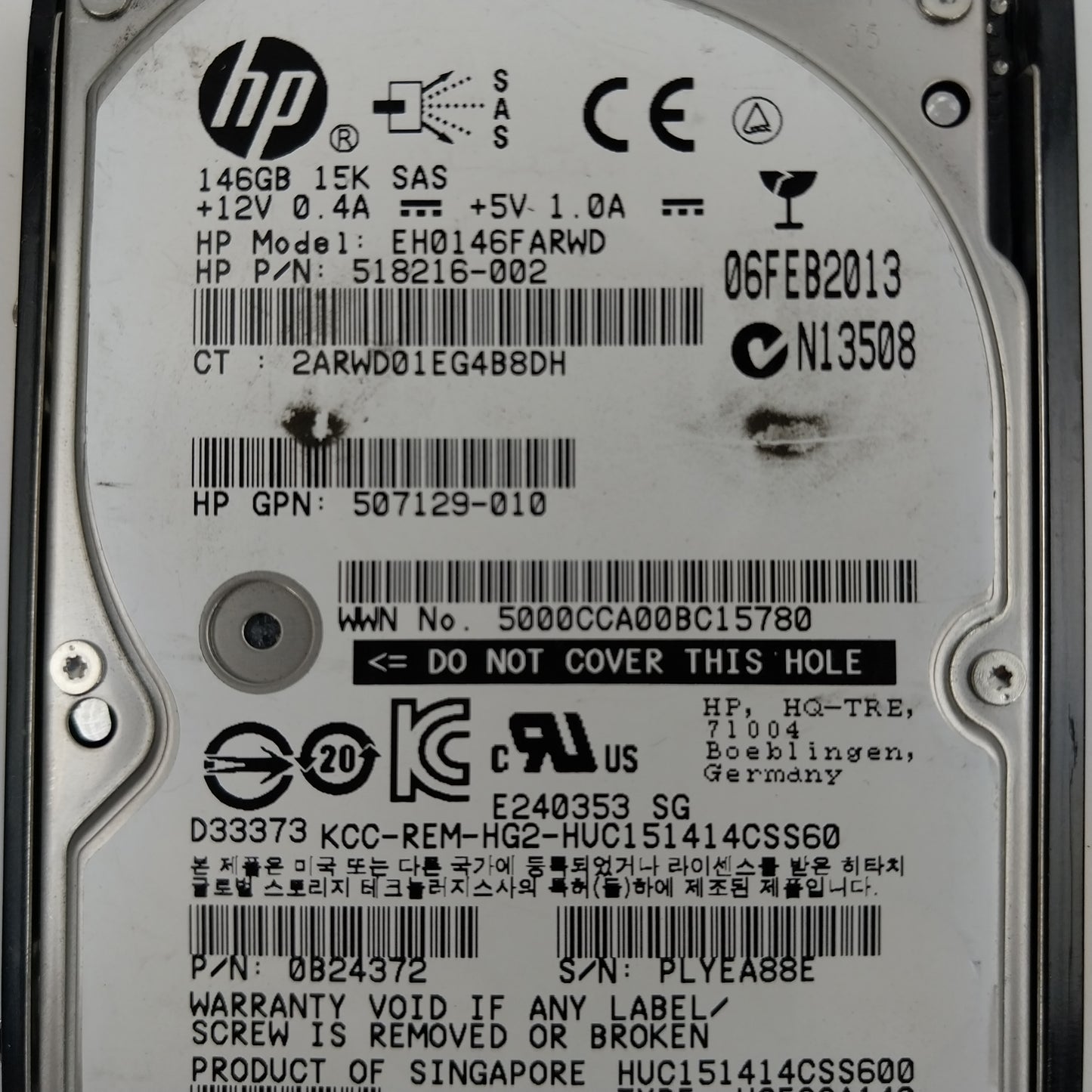 HP 2.5" EH0146Fxxxx 146GB 15K SAS HDD 518216-002/512514-004 Hard Disk Drive Qty 3