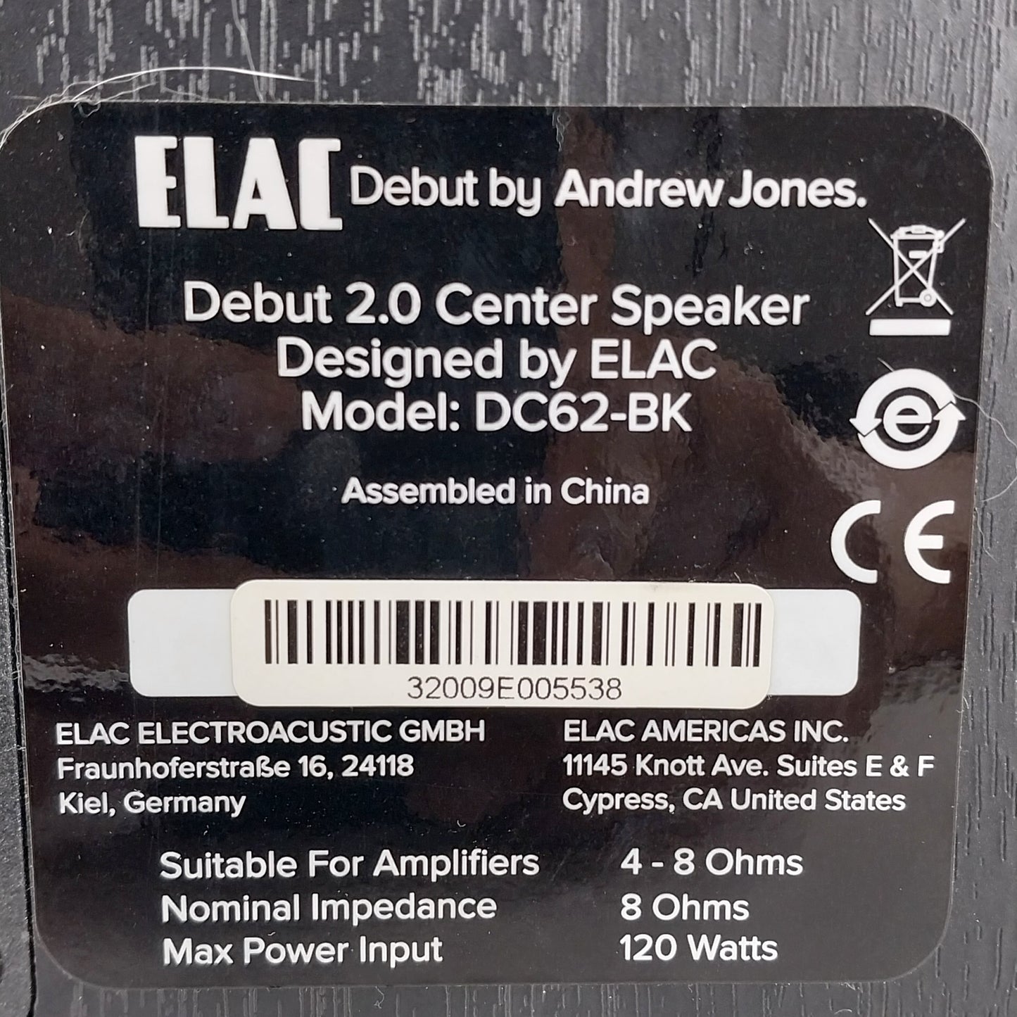 ELAC Debut 2.0 C6.2 Two-Way Center Channel Speaker Black DC62-BK