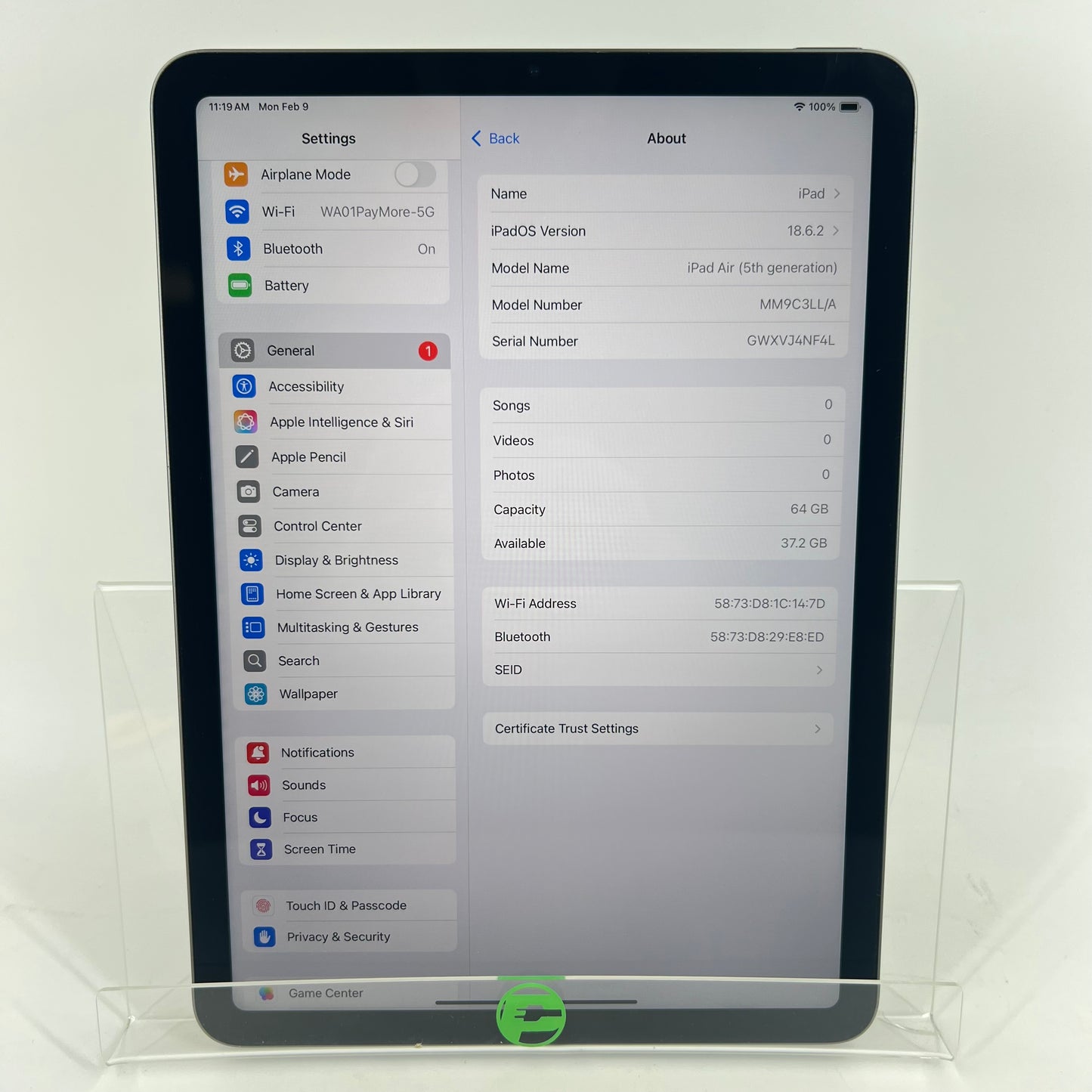 WiFi Only Apple iPad Air 5th Gen 64GB Space Gray MM9C3LL/A