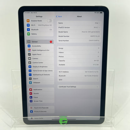 WiFi Only Apple iPad Air 5th Gen 64GB Space Gray MM9C3LL/A